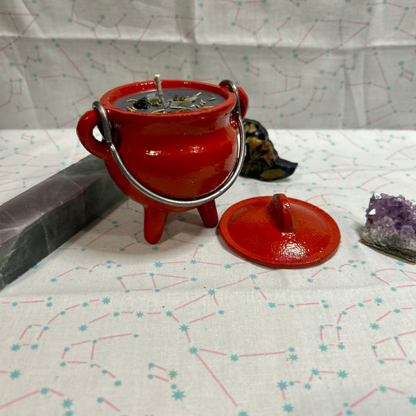 Crackling Birch Warding Red 4 oz Cast Iron Cauldron Intention Candle