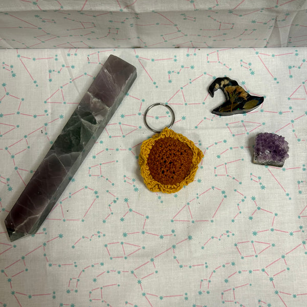 Hidden Obsidian Crystal Crochet Sunflower Keychain